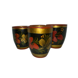 Vintage! Khokhloma (Russian folk art)! Set of 4 Wooden Cups!